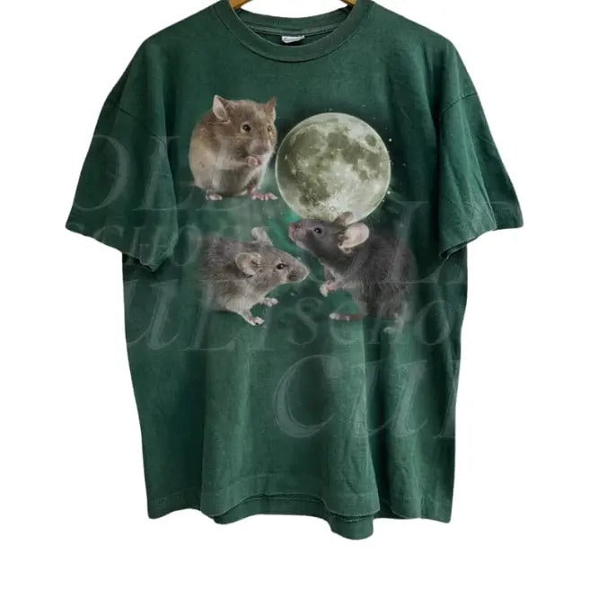 Three Mouse Moon Vintage Retro Mouse Lovers Rat Shirts Cute Mouse Relaxed Washed Funny Menswear Top T-Shirts