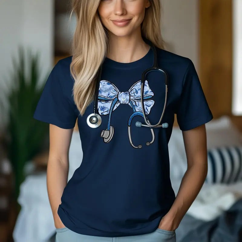 Nurse Essential Cute Floral Stethoscope Bow Nurse Ribbon Casual Comfort T-Shirts