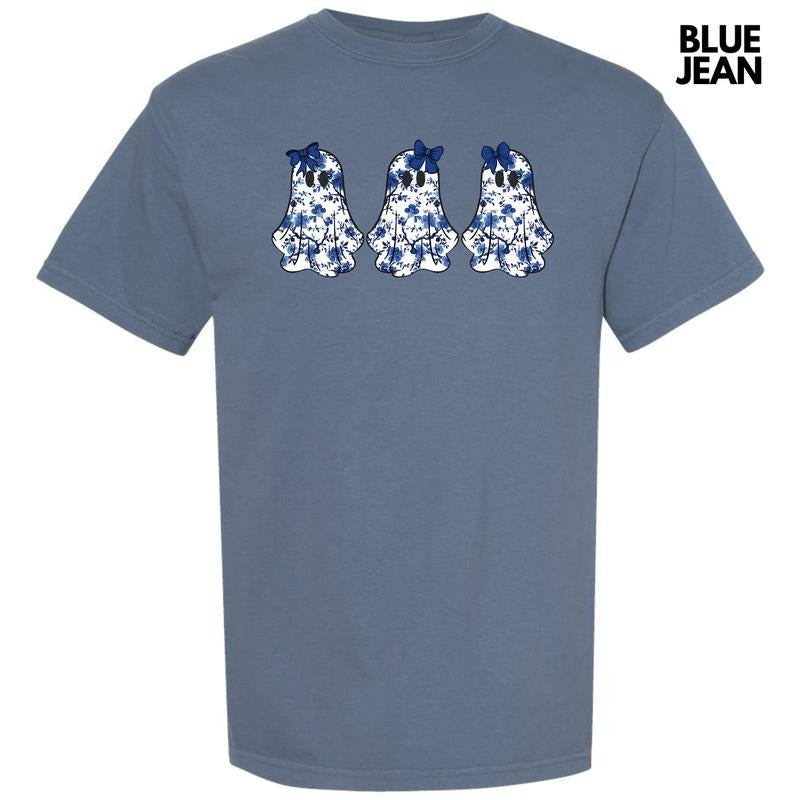 Triple Blue Floral Ghosts Comfort Colors 'NLB' T-Shirts