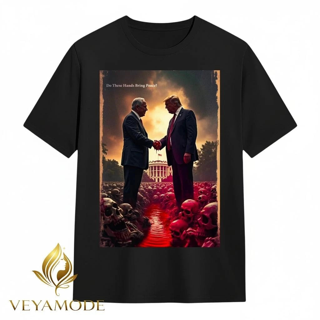 Trump shakes hands with Benjamin Netanyahu amidst a sea of blood and skulls tee Unisex , , , Long Sleeve Tee