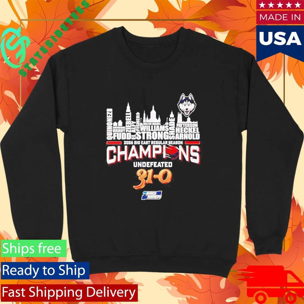 Uconn Huskies 2026 Big East Champions Undefeated 31 0 Name City Skyline Shirt Unisex , , , Long Sleeve Tee