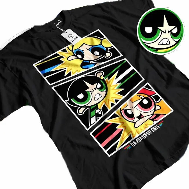 Powerpuff Trio Action Cartoon Heroine Animated Superhero Sister Blossom Bubbles Buttercup Gear T-Shirts
