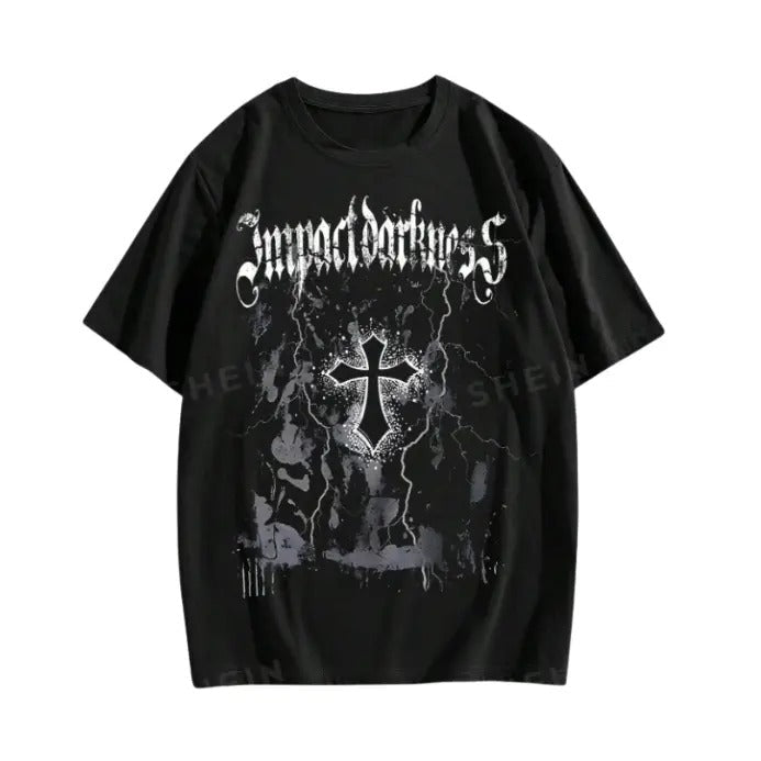 Vintage Goth Cross Letter Top Womenswear Underwear Cotton Polyester Streetwear T-Shirts