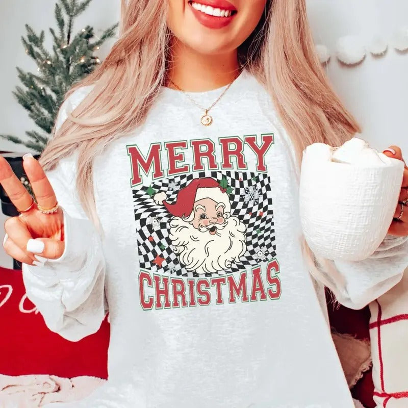 Vintage Merry Santa Checkered Santa Claus Cute T-Shirts