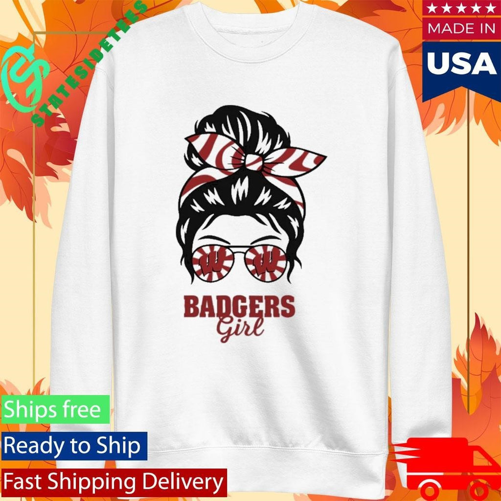 Wisconsin Badgers Girl Messy Bun Glasses Shirt Unisex , , , Long Sleeve Tee