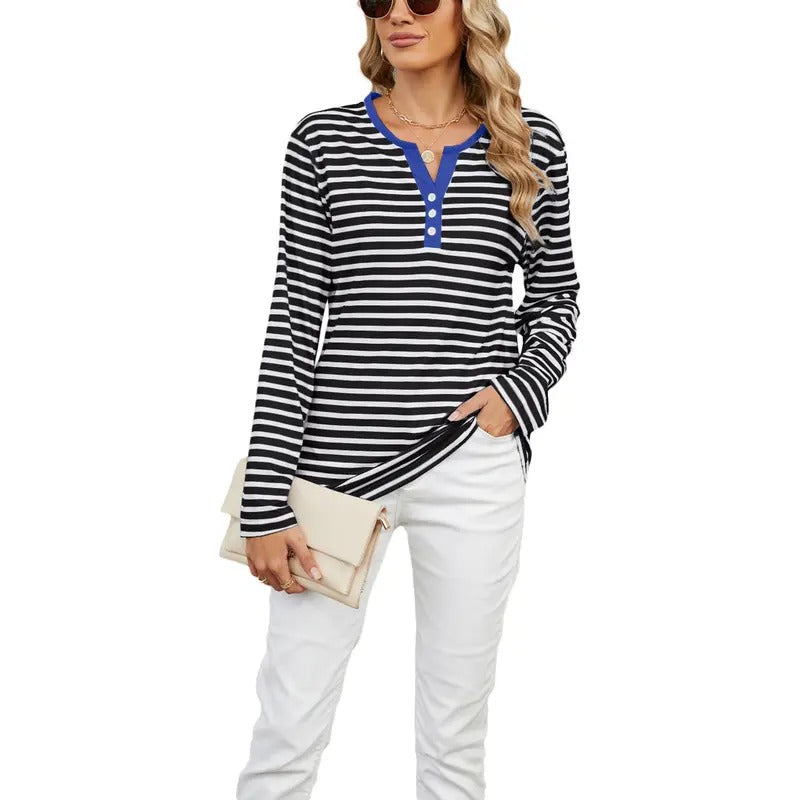 Long Sleeve Shirt Casual Stripe Print Tops Basic Blouses Club Streetwear Clothes Spring T-Shirts