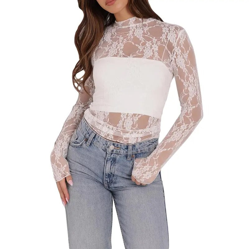 Sheer Tops Floral Lace Mock Neck Long Sleeve Casual Parties Beach T-Shirts
