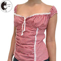 Summer Basic Casual Tie Up Back Plaid Print Ruched Short Sleeve Tops Streetwear Clothes T-Shirts