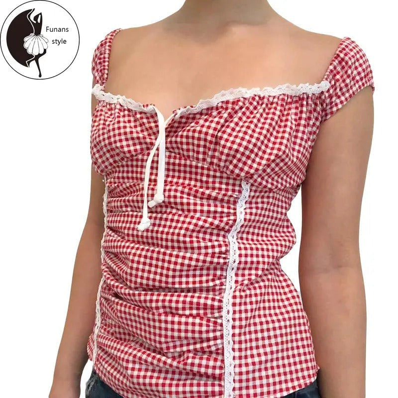 Summer Basic Casual Tie Up Back Plaid Print Ruched Short Sleeve Tops Streetwear Clothes T-Shirts
