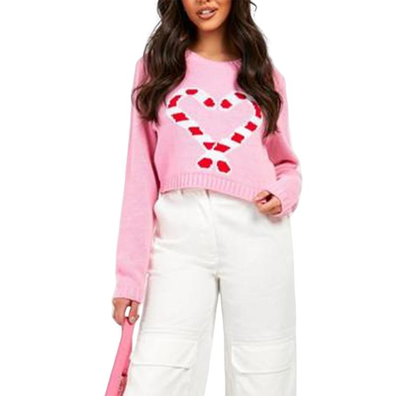 Long Sleeve Round Neck Candy Cane Print Loose Knit Tops T-Shirts