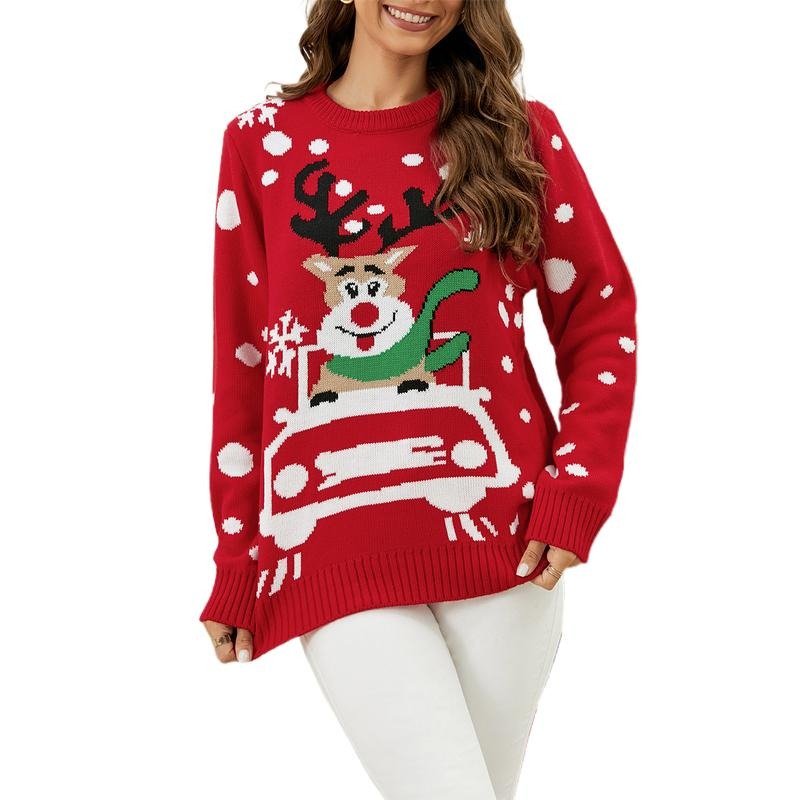 Reindeer Pattern Long Sleeve Round Neck Ribbed Knitted Tops T-Shirts