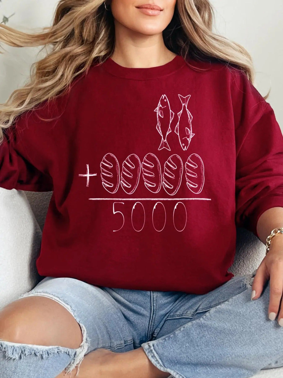 Fish & Bread & Number Print Crew Neck Casual Long Sleeve Fall & Winter Clothes Daily T-Shirts