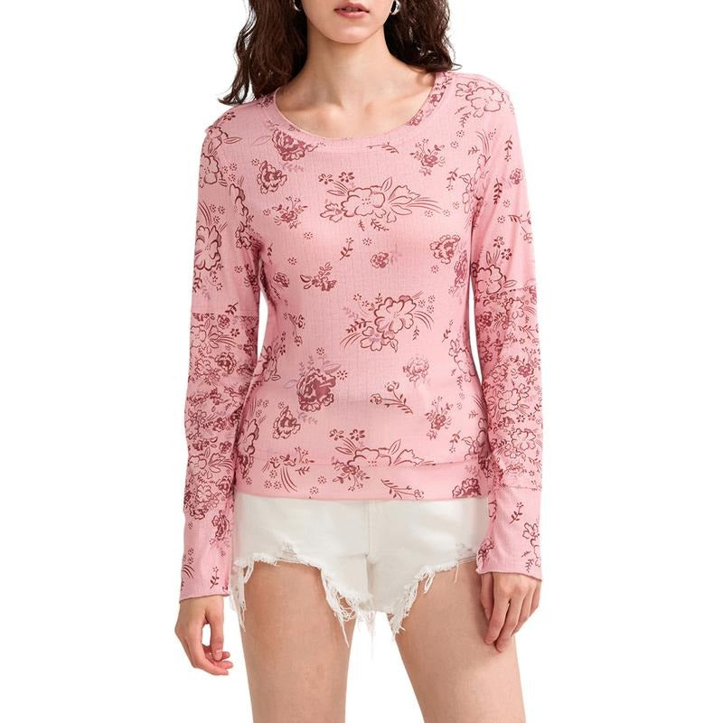 Floral Print Scoop Neck Long SleeveFit Lettuce Trim Casual Spring Tops T-Shirts