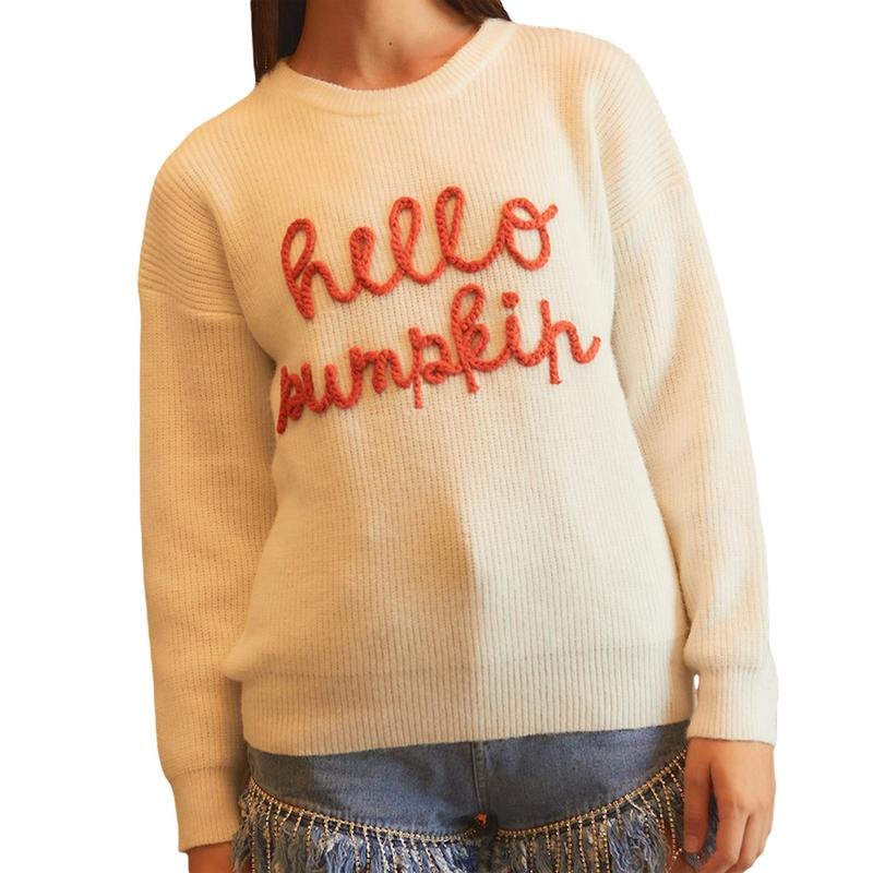 Halloween Letter Embroidery Crew Neck Long Sleeve Knit Tops Casual Streetwear Winter Fall T-Shirts