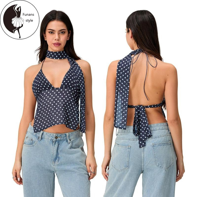 Halter Neck Tops Sleeveless Tie Backless Dots PrintFit Cami Tops Summer Shirts T-Shirts