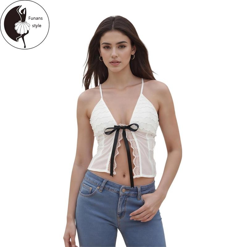 LaceCropped Camisole Spaghetti Strap Tiered Ruffled Show Navel Tops T-Shirts
