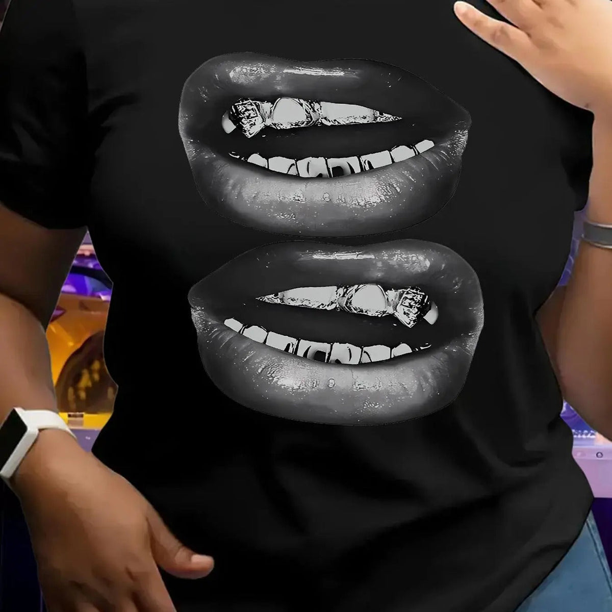 Lip Print Round Neck Vintage Casual Short Sleeve Daily Spring & Fall T-Shirts