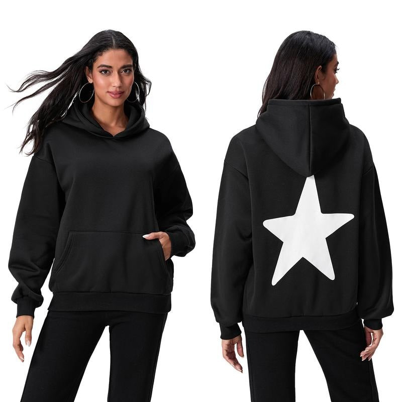Loose Star Print Hooded Long Sleeve Fall Winter Casual Tops T-Shirts