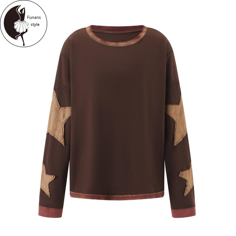 Loose Star Patch Long Sleeve Crew Neck Tops Streetwear T-Shirts