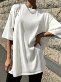 Textured Drop Shoulder Half Sleeve Casual Solid Round Neck Summer Top Daily T-Shirts