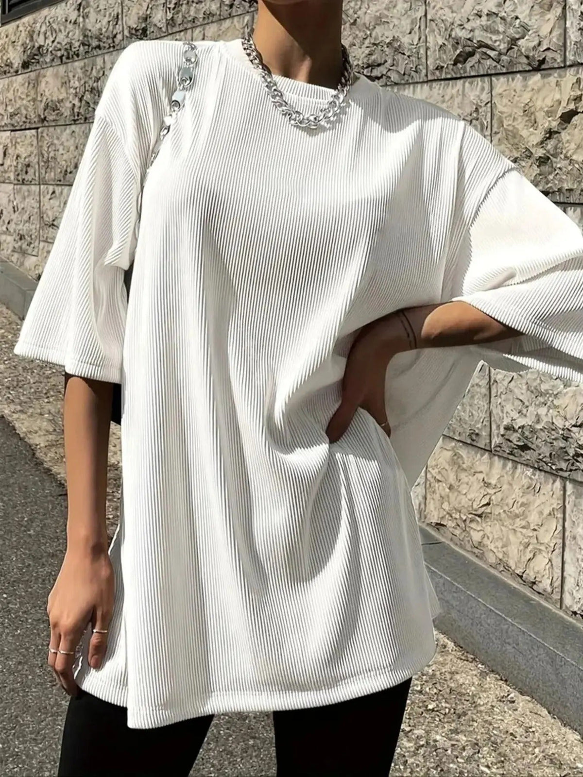 Textured Drop Shoulder Half Sleeve Casual Solid Round Neck Summer Top Daily T-Shirts