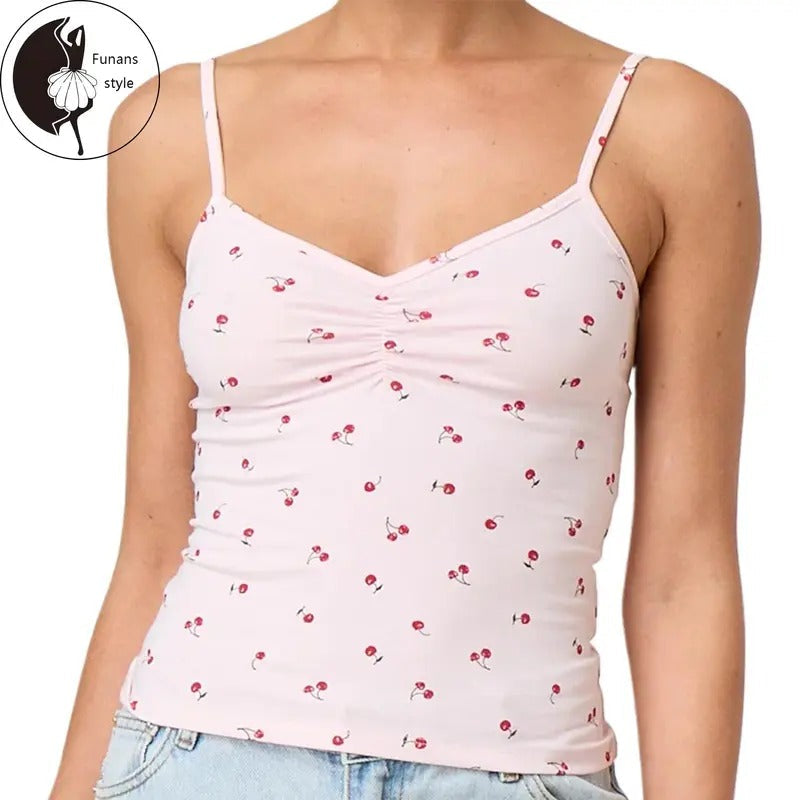 V Neck Cami Tops Sleeveless Spaghetti Strap Cherry Print Camisole Summer Shirt T-Shirts