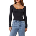 SFit Yoga Tops Long Sleeve Scoop Neck Solid Color Stretchy Workout Tops T-Shirts