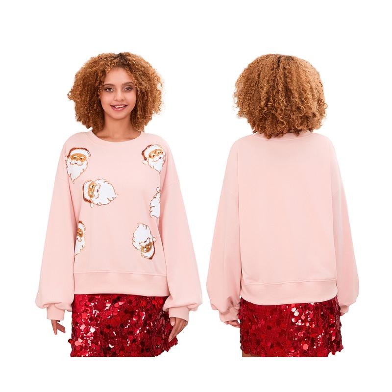 Sequin Santa Crew Neck Lantern Sleeve Tops Casual Streetwear T-Shirts