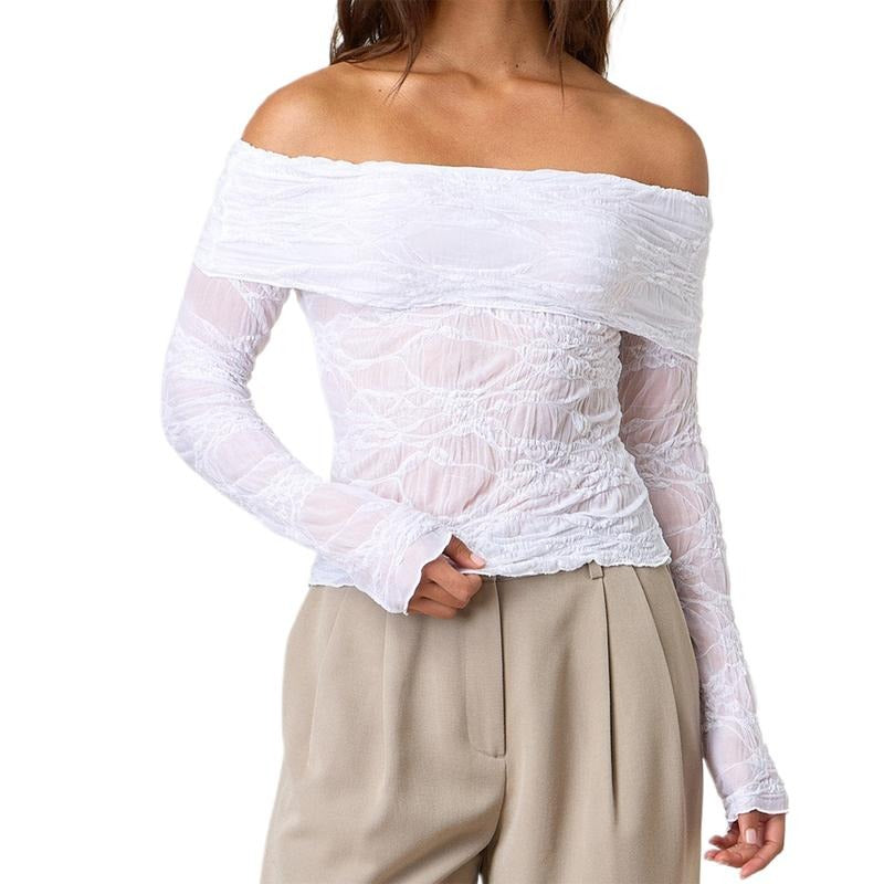Off Shoulder Sheer Tops Floral Lace Chest Folding Boat Neck Long Sleeve Casual Parties T-Shirts
