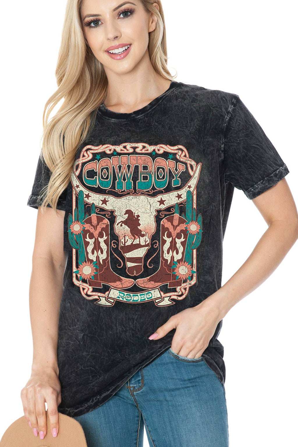 Women Cowboy Graphic Print Mineral Wash Short Sleeve Top