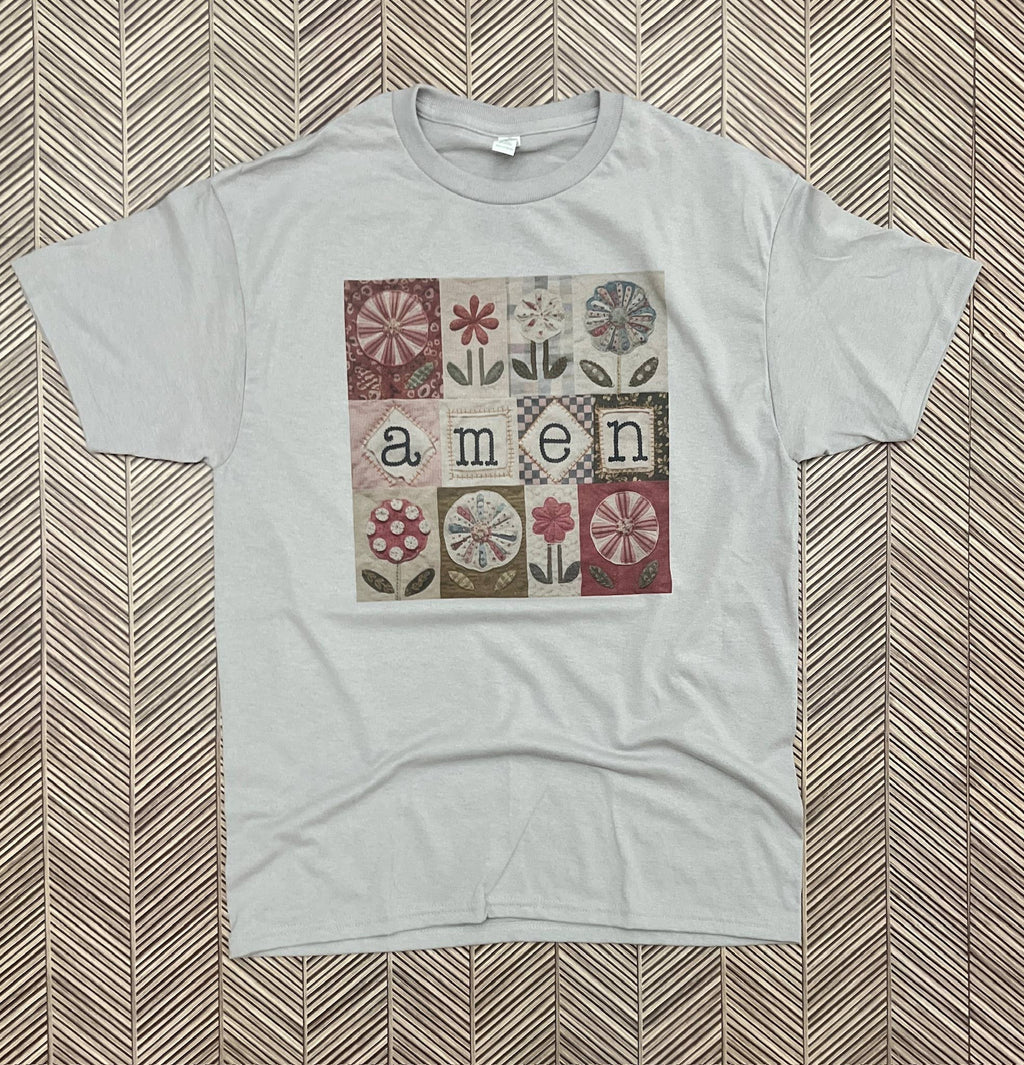 Vintage Amen Patchwork Quilt On Silver Tee