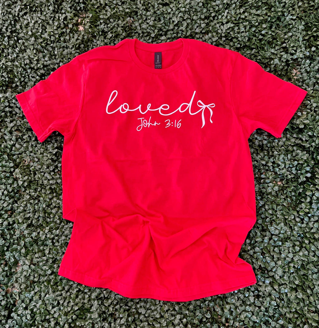 Loved with Bow On Gildan Softstyle Red