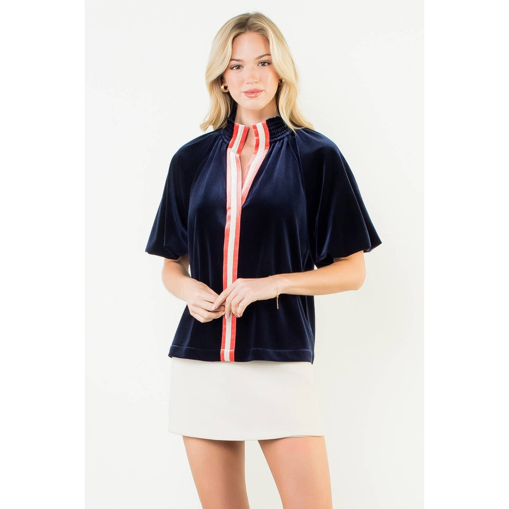Velvet Trim Puff Sleeve Top