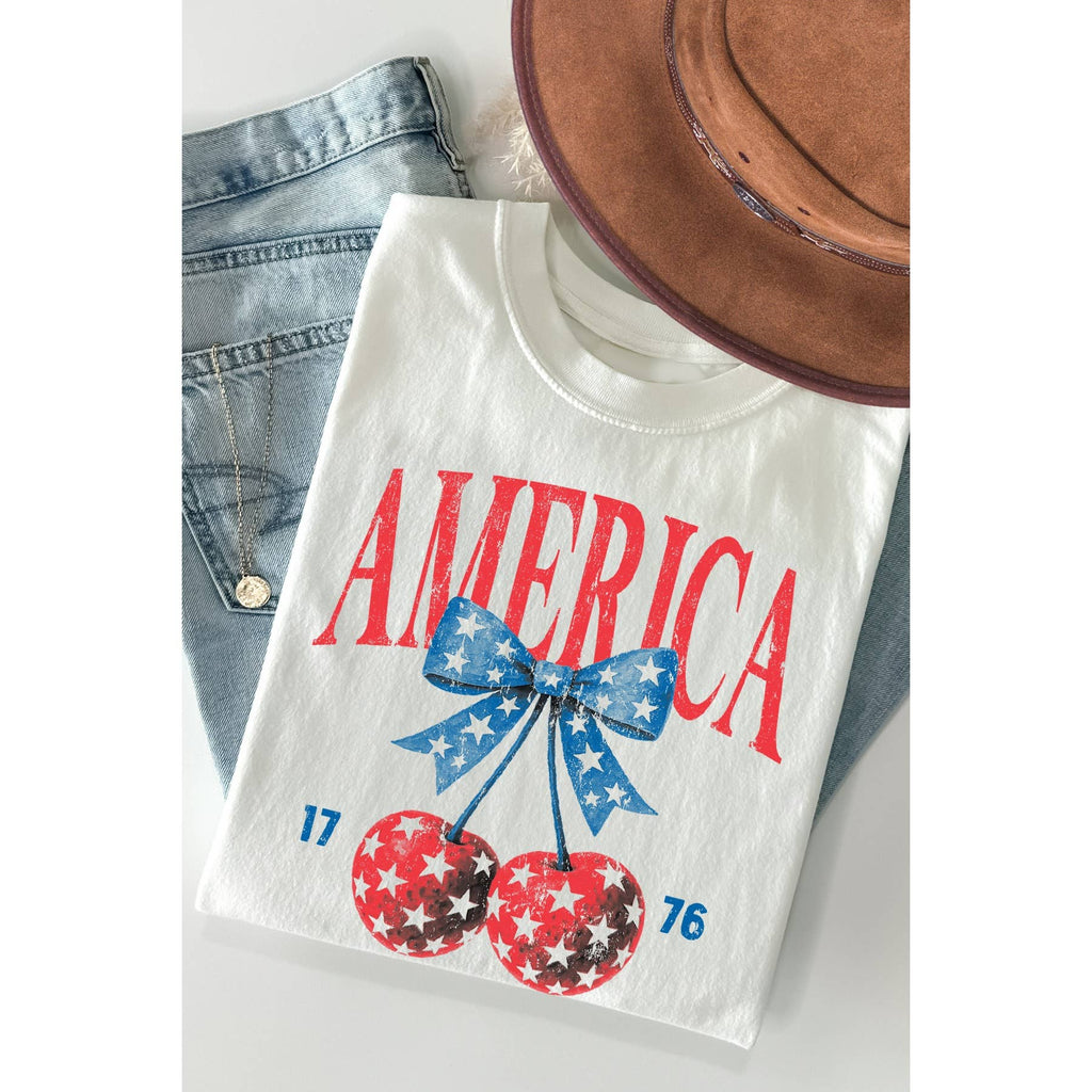 America Cherry Bow Short Sleeve T Shirt