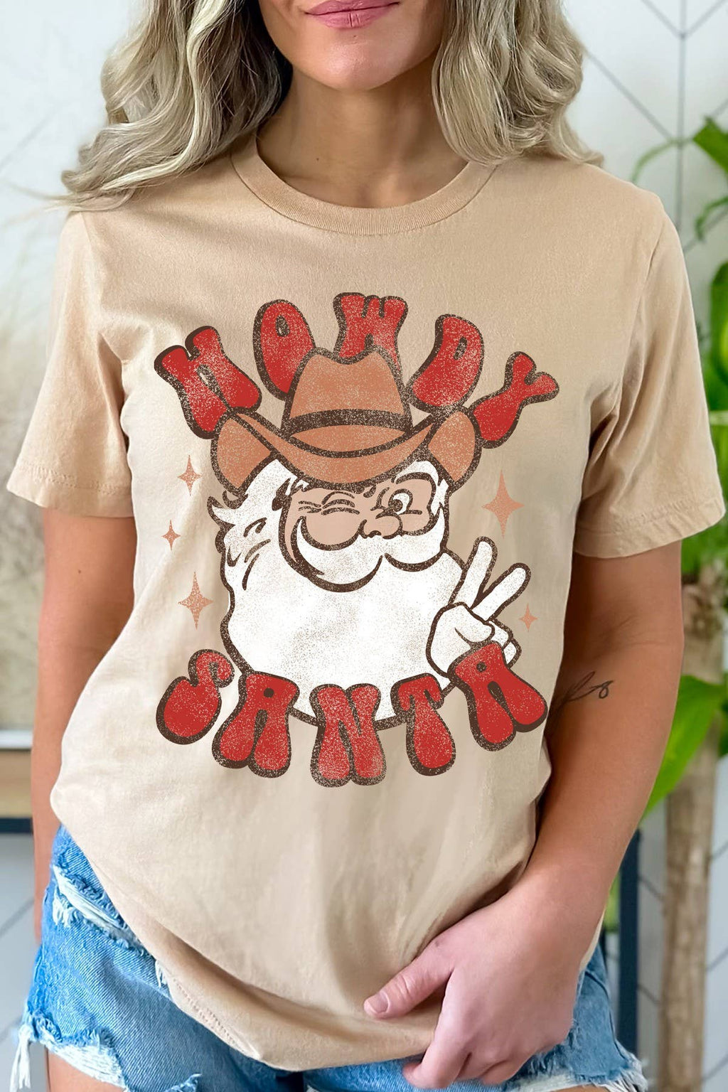 Howdy Santa Graphic Print Short Sleeve Loose Top