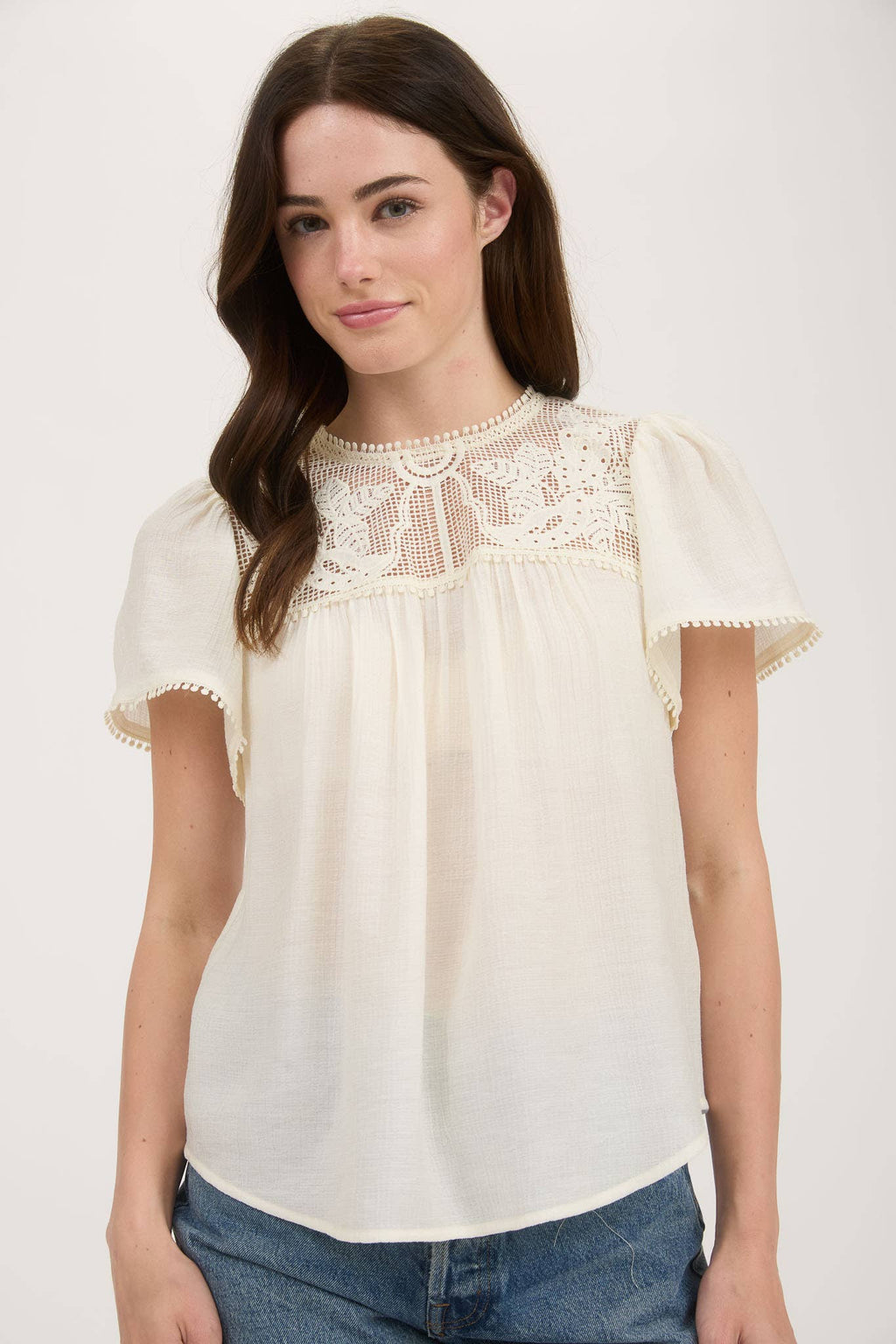 Sheer Lace Yoke Short Sleeve Pom Pom Blouse