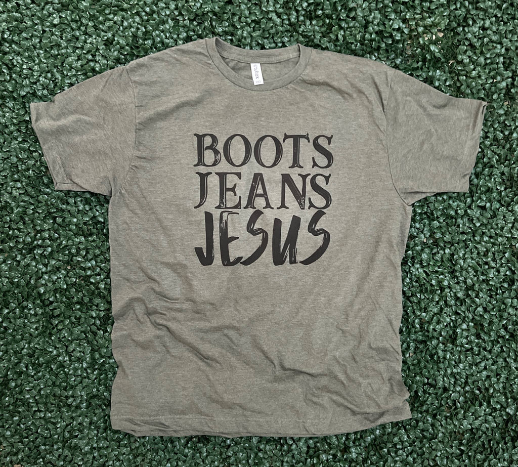 Boots Jeans Jesus On Tultex Heather Military Green