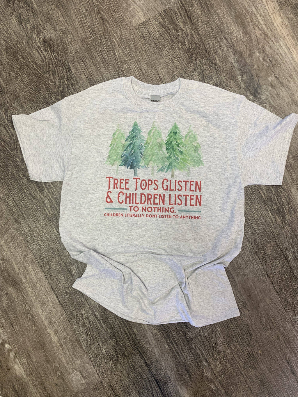 Tree Tops & Children Listen On Ash Gray Tee