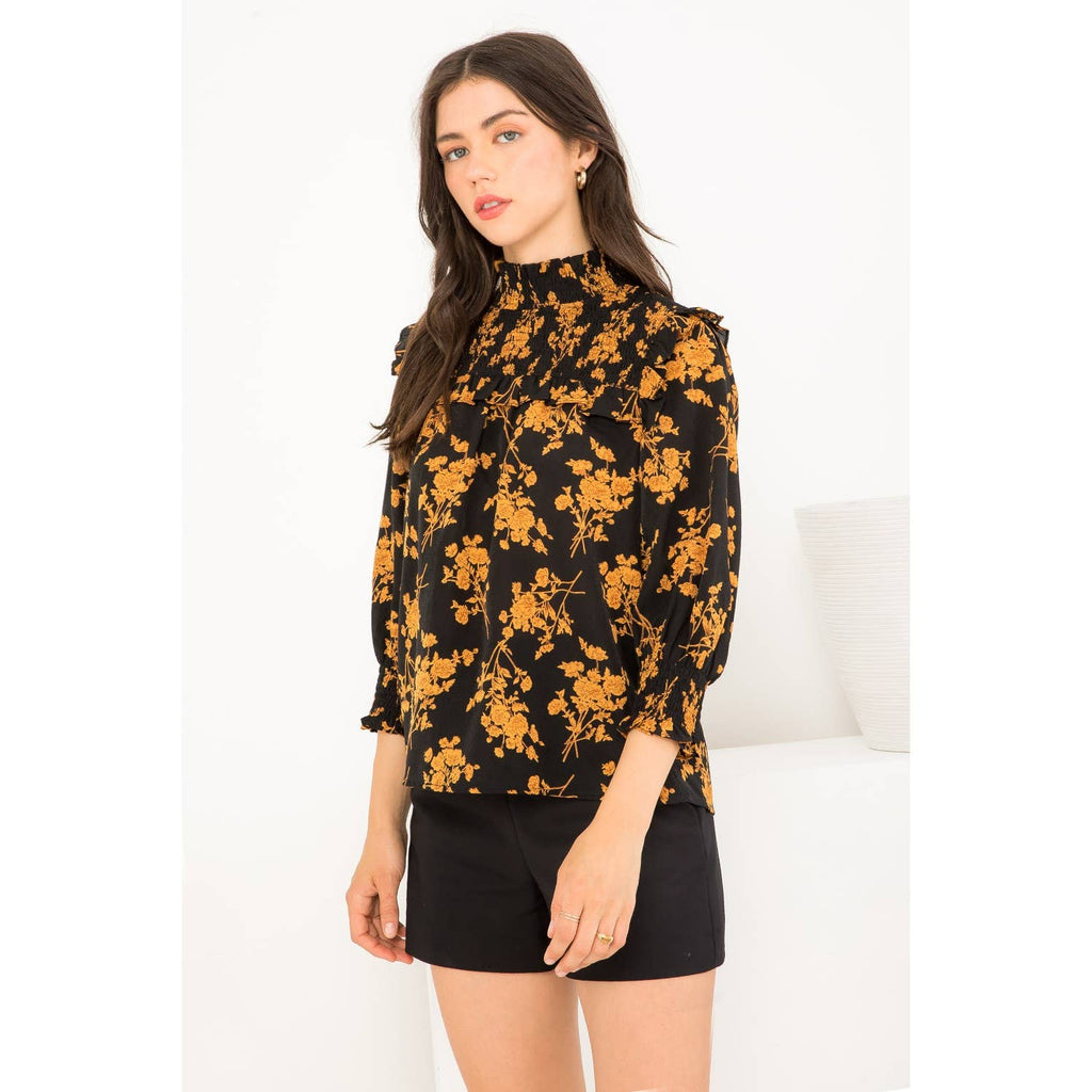 Smocked Ruffle Print Top