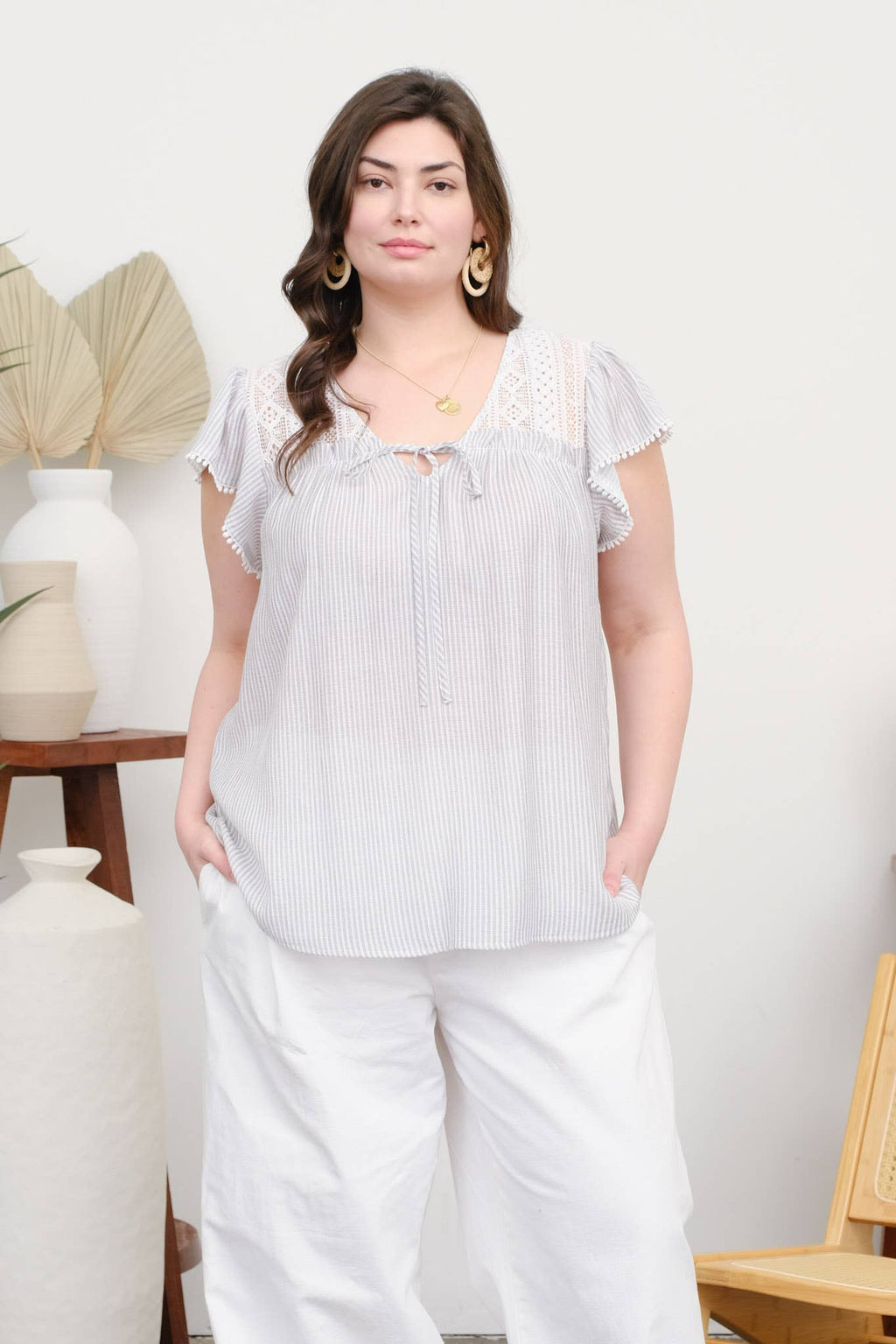Plus Stripe Lace Yoke Front Tie Short Sleeve Top