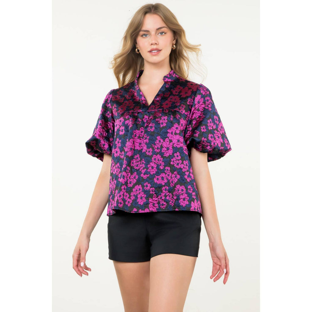Puff Sleeve Flower Pattern Top