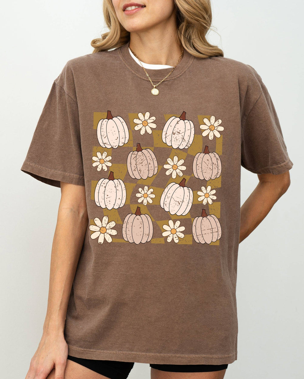 Checkered Pumpkins Daisies Flowers Halloween Autumn Shirt