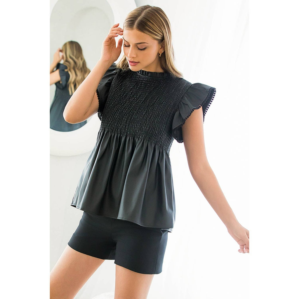 Smocked Leather Babydoll Top