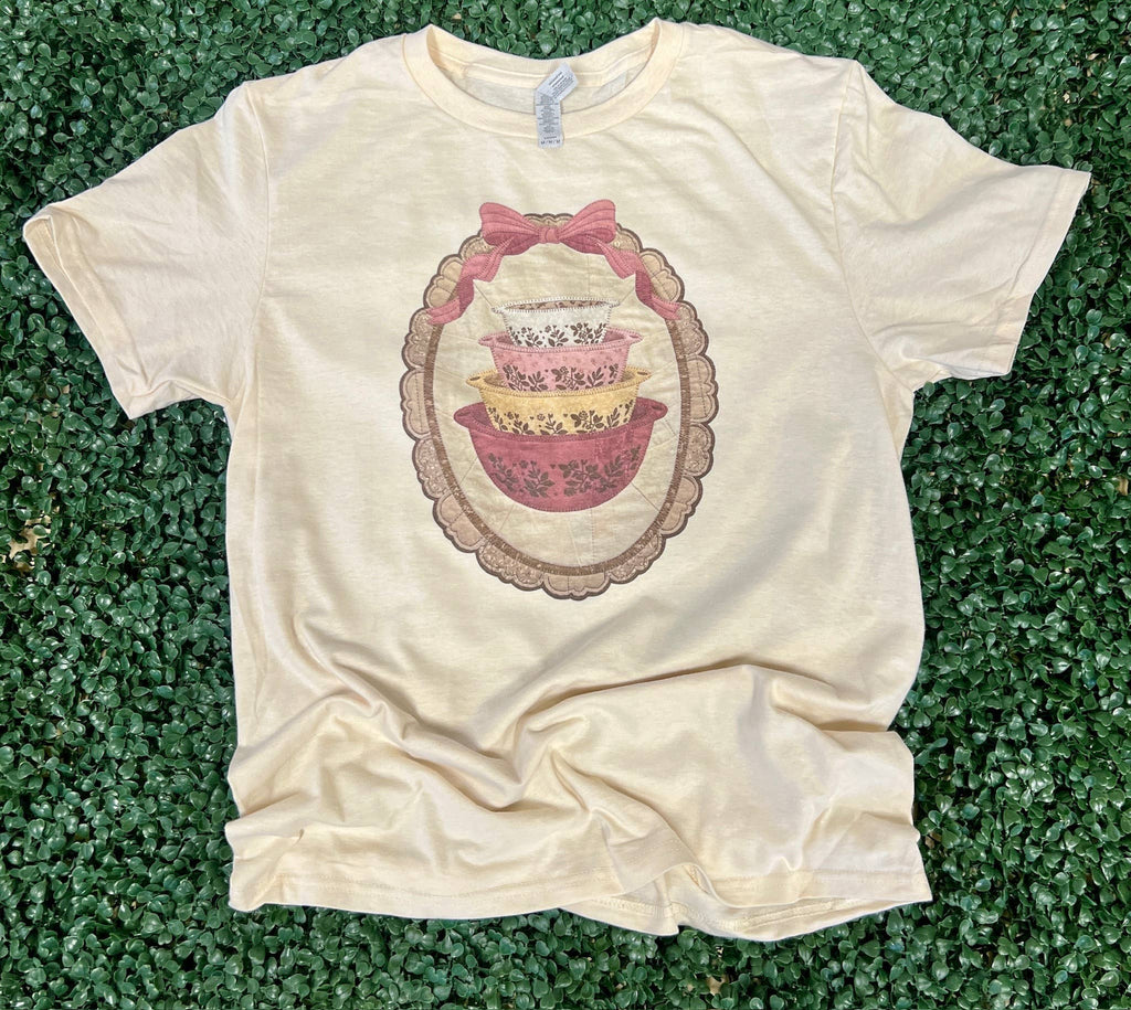 Vintage Pink Nesting Bowls On Cream Tee