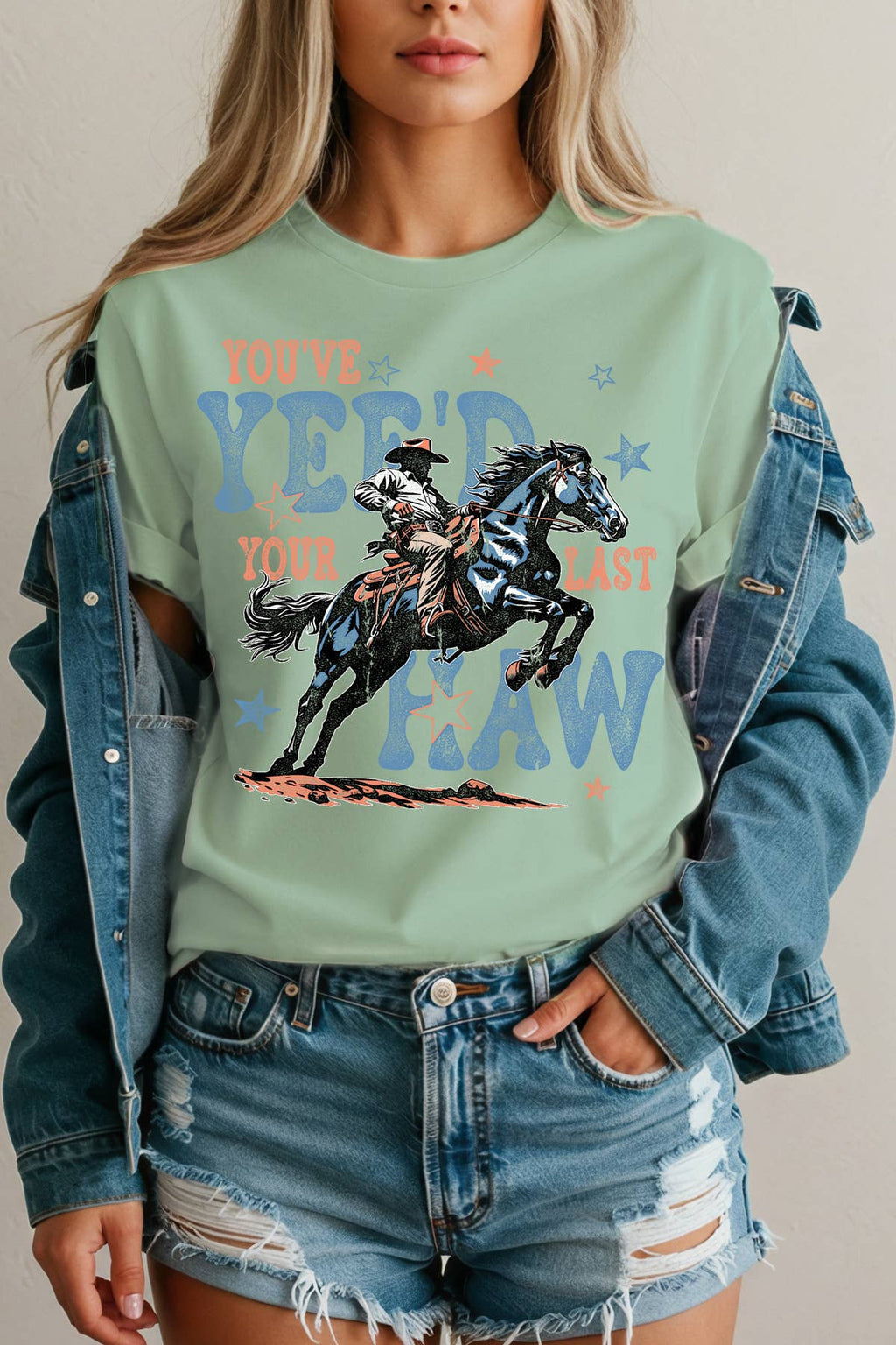 Women Cowboy Graphic Print Short Sleeve Loose Top