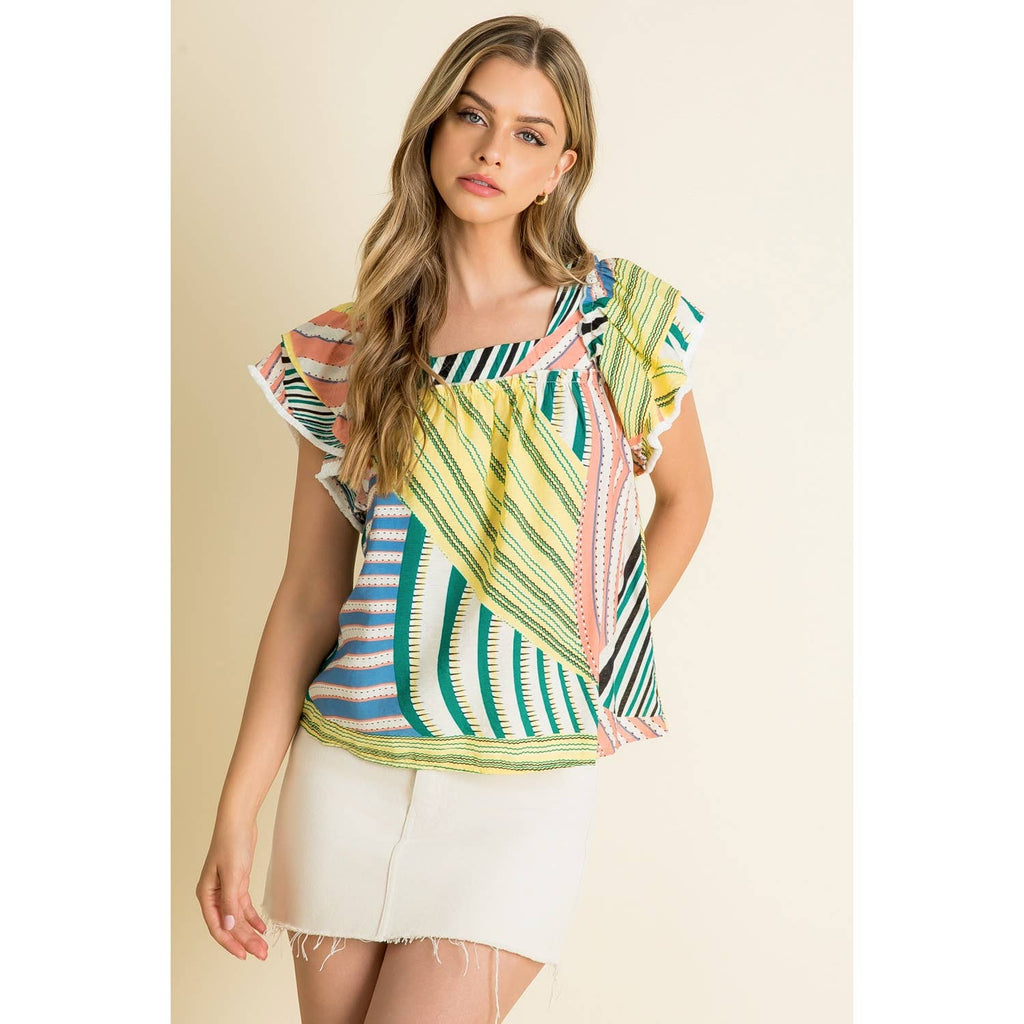 Flutter Sleeve Mixed Print Top