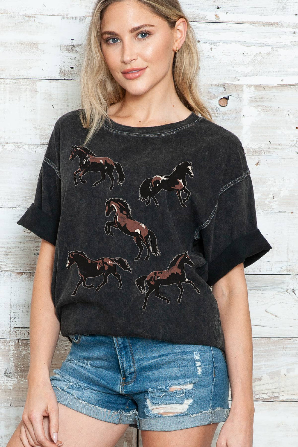 Women Horse Graphic Print Mineral Oversize Top