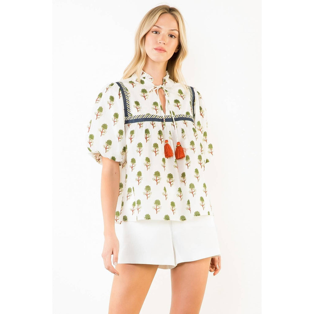 Puff Sleeve Print Tie Tassel Top