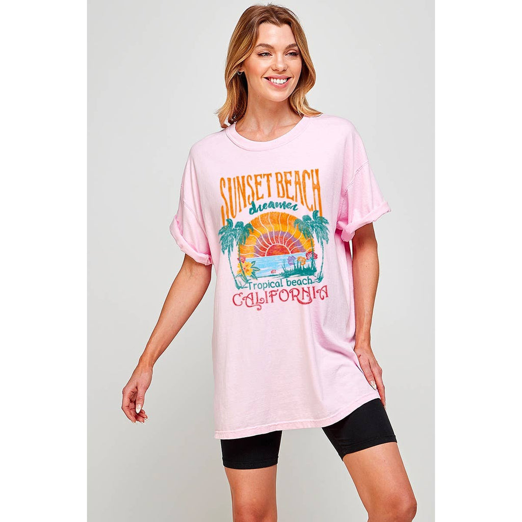 Sunset Beach Vintage   Graphic  Oversized Tee
