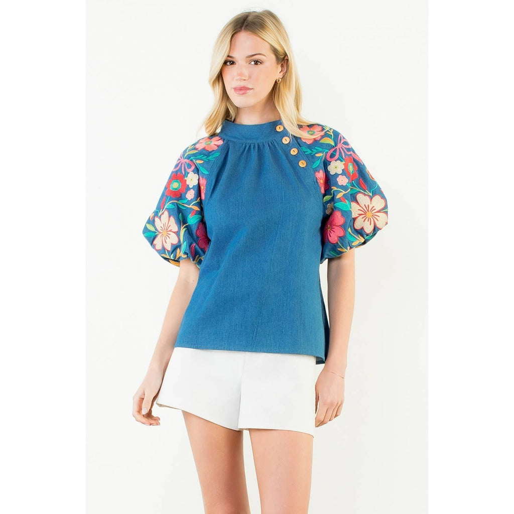 Floral Embroidery Puff Sleeve Top